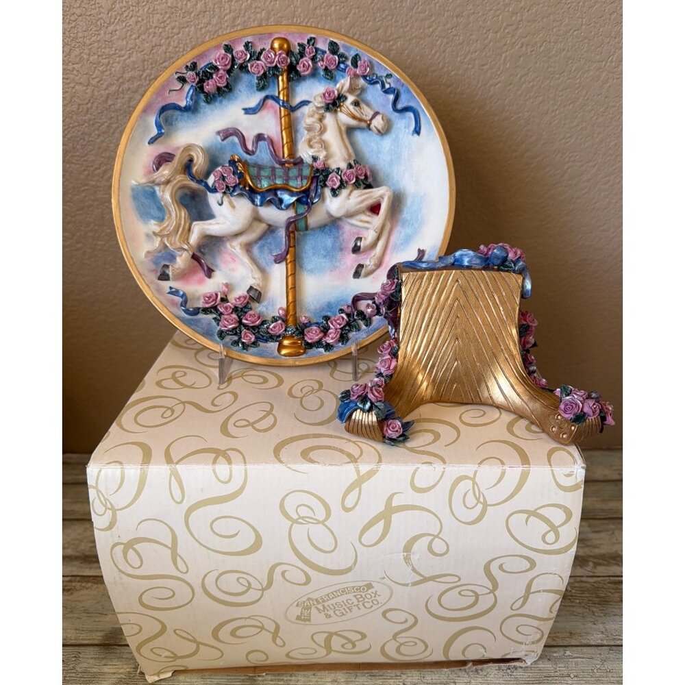 San Francisco Music Box Co Horse Carousel Plate Music Box w/Stand NEW Rare/HTF